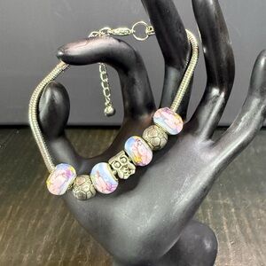 Silver Tone Snake Chain Bracelet  w/ Charms Owl Soccer Ball Floral Beads 7”+2.5”
